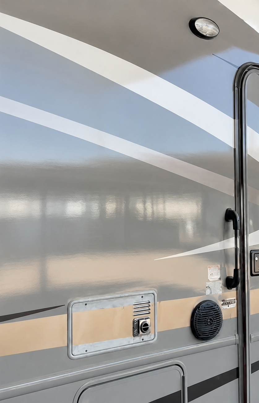 Restored glossy RV sidewall with renewed gel coat finish after restoration