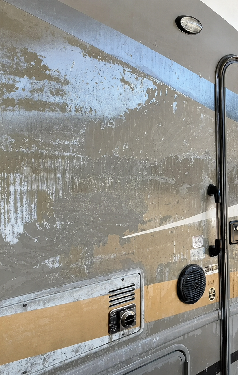 Oxidized RV sidewall with streaked gel coat before restoration